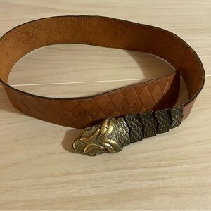 Brown Leather Belt Snake Brass Buckle & Scales Hook Sz 27-30 Small/Medium Boho